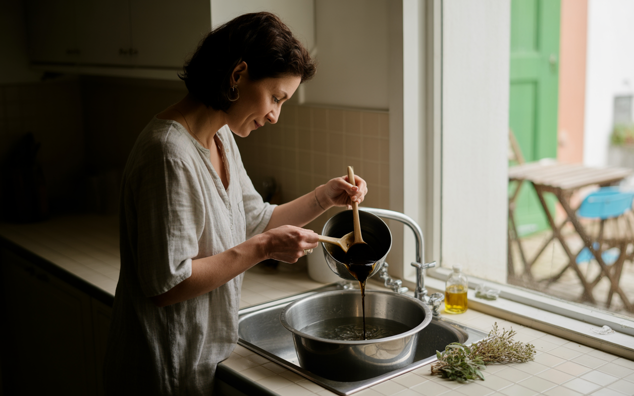 Femme versant un liquide sombre dans un évier. Cuisine lumineuse avec éléments naturels en arrière-plan.