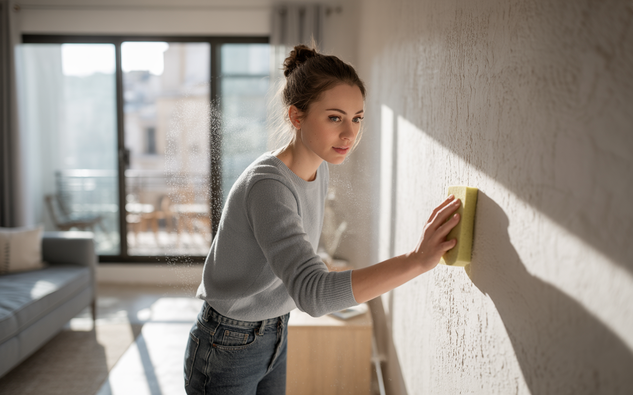 Une jeune femme nettoie un mur avec une éponge jaune, dans une pièce lumineuse et moderne, entourée de mobilier simple.