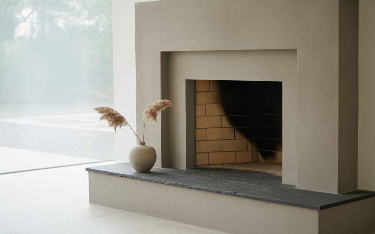 Cheminée moderne avec un vase en argile et des plumes séchées, sur un socle en pierre, dans un intérieur lumineux.