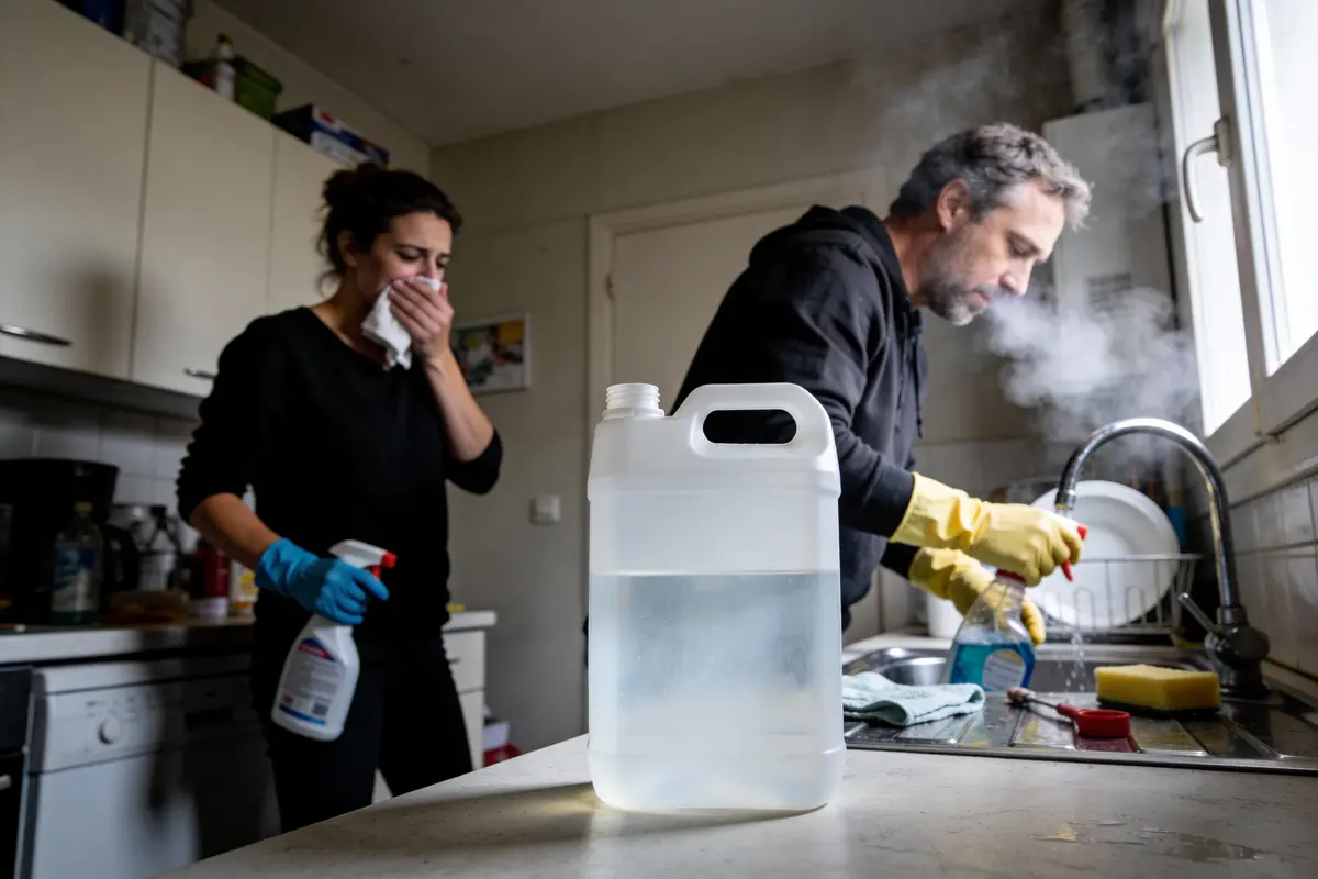 Homme et femme nettoient une cuisine avec produits chimiques; vapeur, et précautions sanitaires visibles.