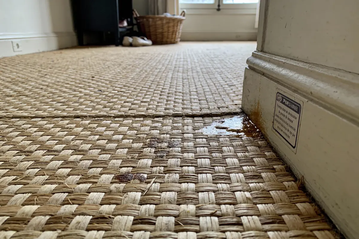 Tapis tressé beige sur sol, tache brune mouillée près du mur avec une plinthe blanche.