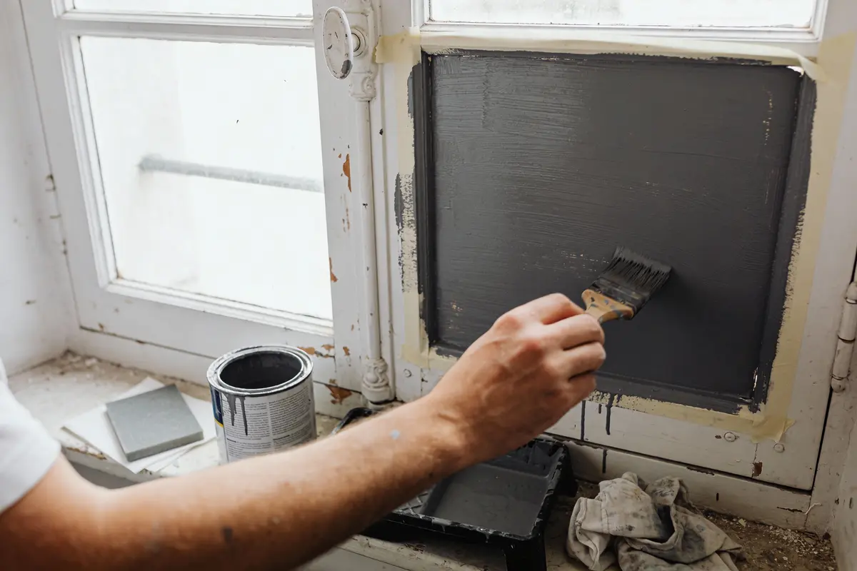 Personne peignant un châssis de fenêtre en bois avec de la peinture grise, pot et pinceau visibles.