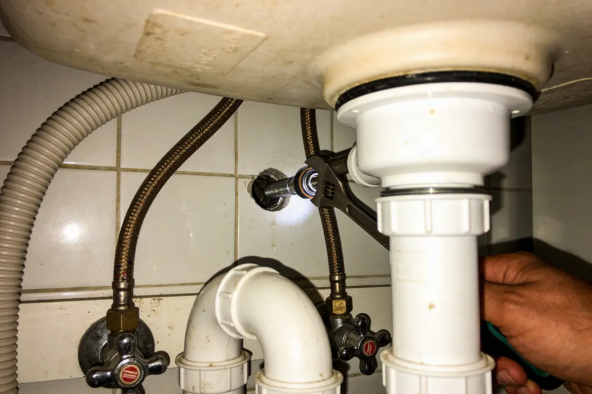 Plombier répare tuyauterie sous évier avec clé à molette. Tuyaux flexibles et PVC visibles.