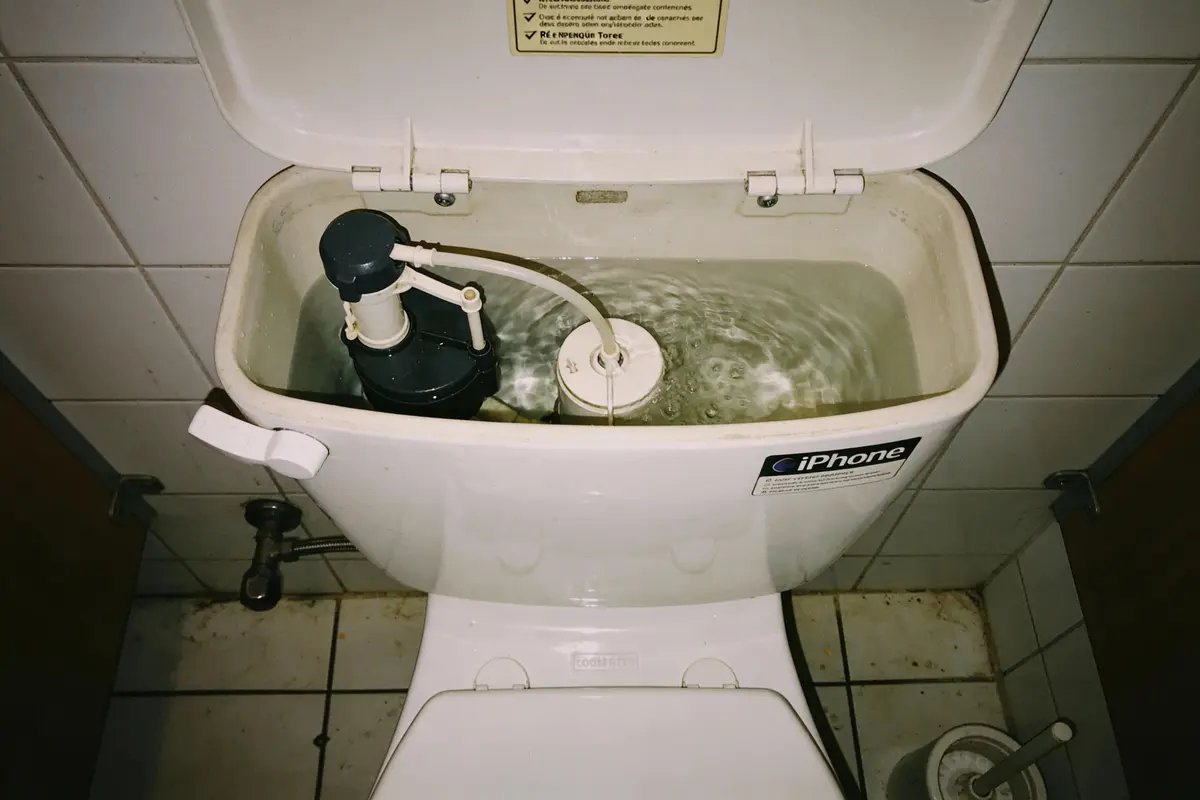 Réservoir de toilette ouvert avec mécanisme de chasse d’eau visible, sur mur carrelé blanc. Autocollant humoristique "iPhone".