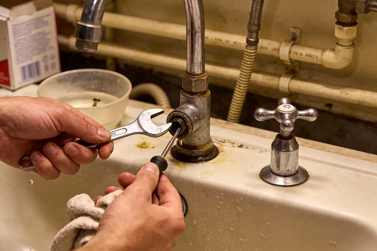 Plomberie : homme réparant un robinet à l'aide d'une clé et d'un tournevis dans un évier.