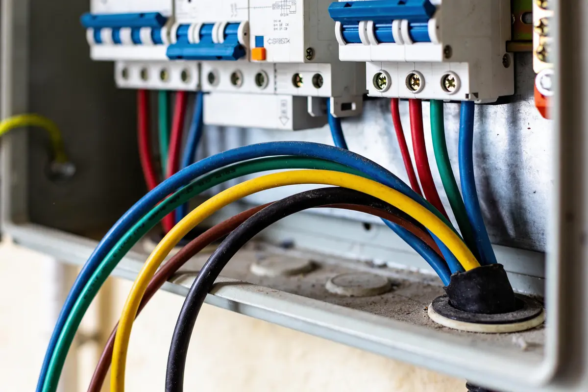 Câbles électriques colorés connectés à un panneau à disjoncteurs dans une installation électrique industrielle.