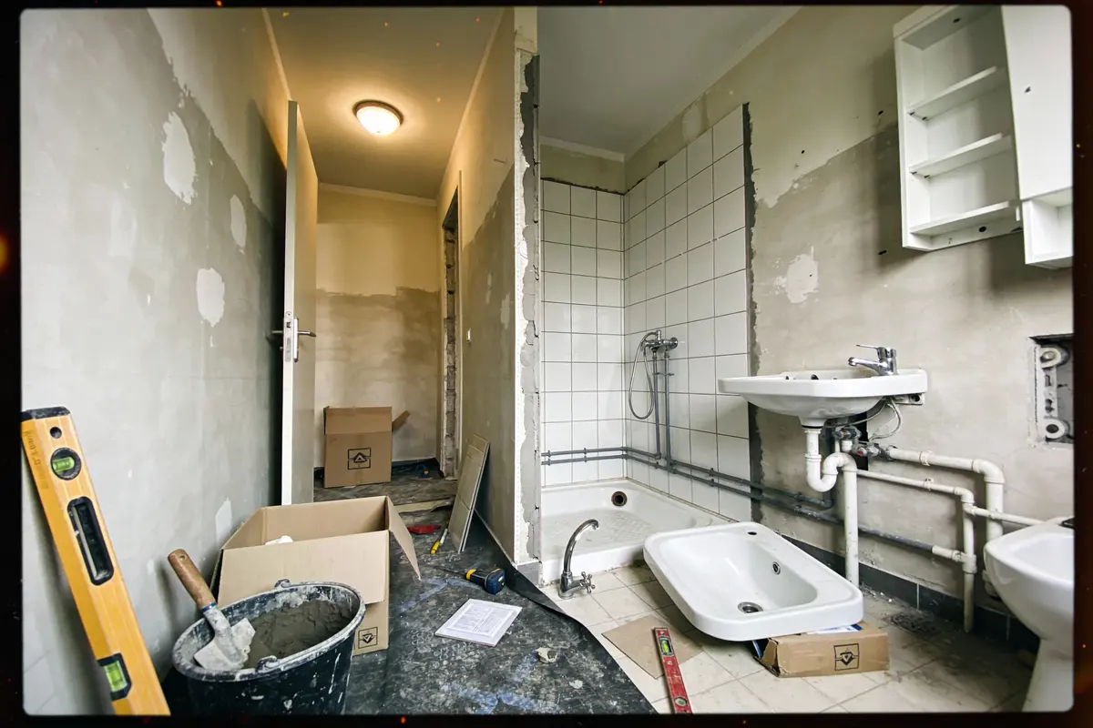 Salle de bain en rénovation, avec outils, lavabo, tuyaux, douche et carrelage. Travaux en cours, cartons présents.