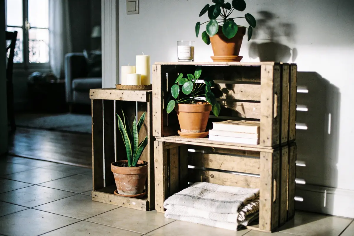 Deux caisses en bois avec plantes, chandelles, livres, serviettes. Intérieur lumineux, sol carrelé, ambiance chaleureuse.