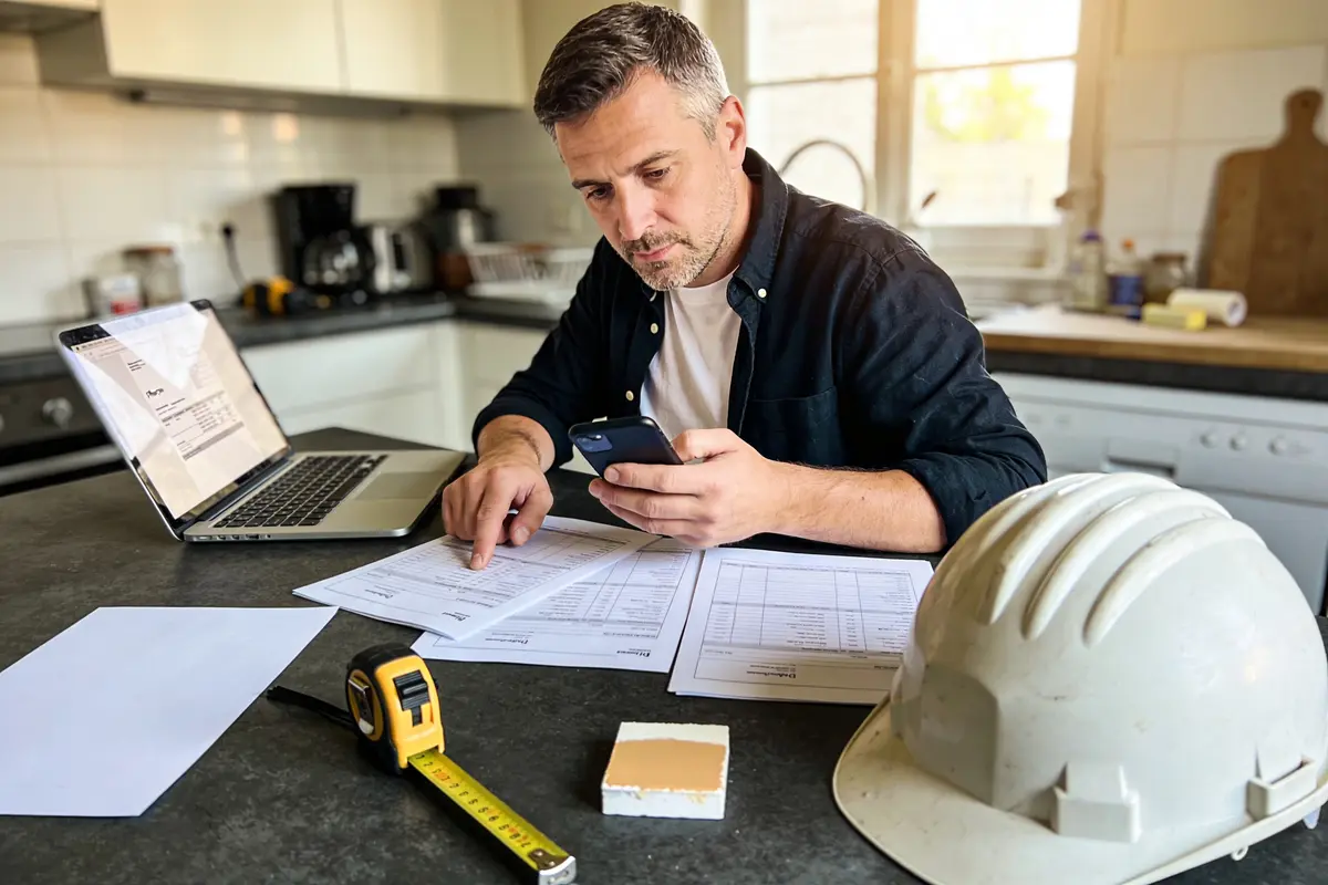 Homme travaillant sur des documents, smartphone en main, ordinateur portable, casque de chantier et mètre-ruban visibles.