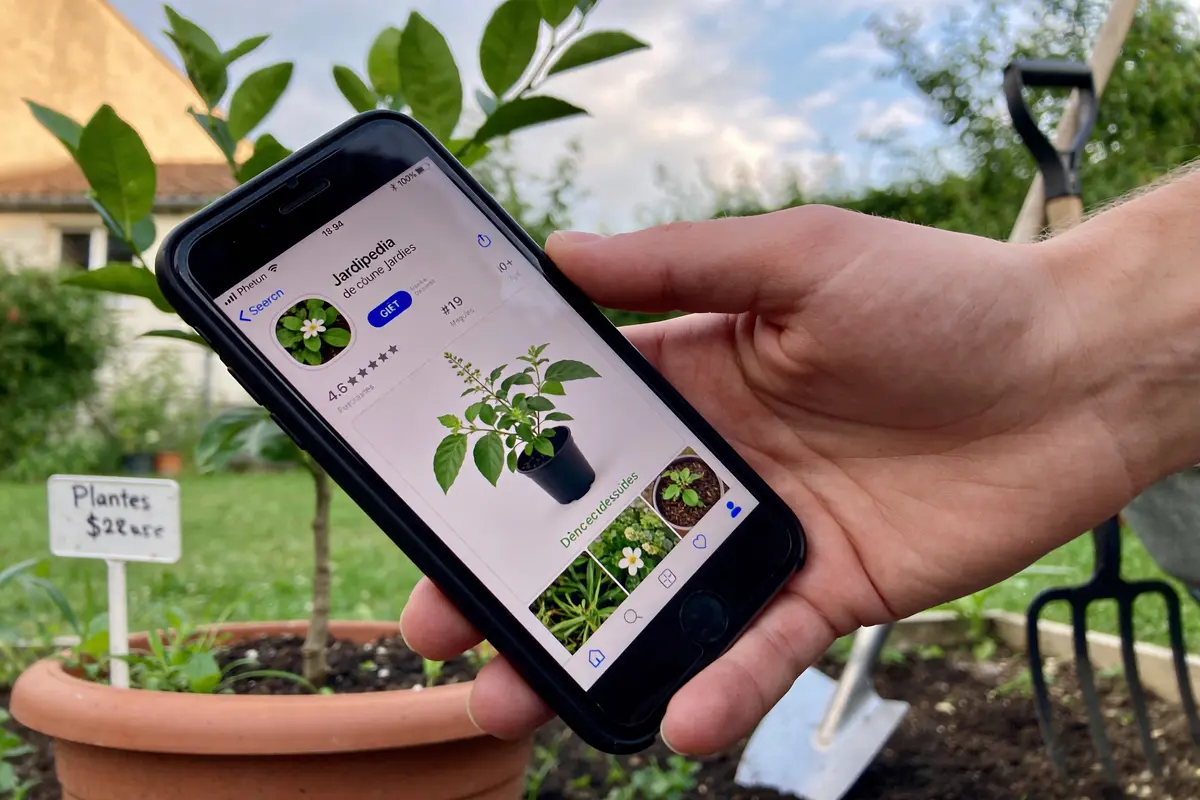 Main tenant un smartphone montrant une application de plantes, avec un jardin en arrière-plan.
