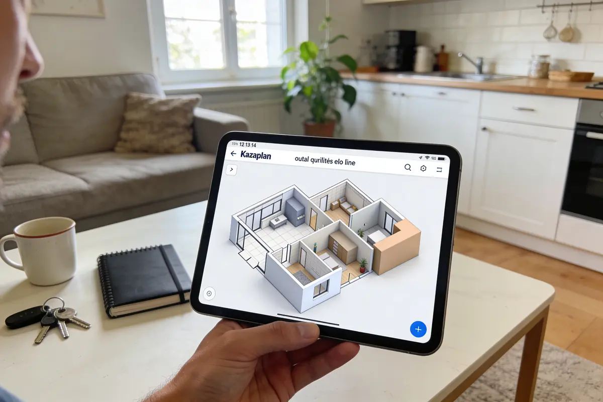 Personne tenant tablette avec plan 3D d'un appartement, intérieur lumineux en arrière-plan.