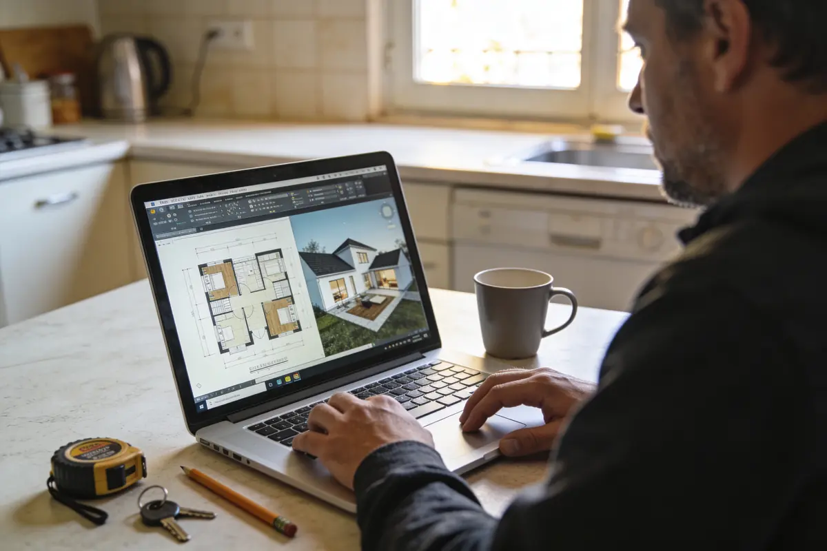 Personne travaillant sur un ordinateur portable avec plan d'architecture affiché, dans une cuisine avec tasse et outils.