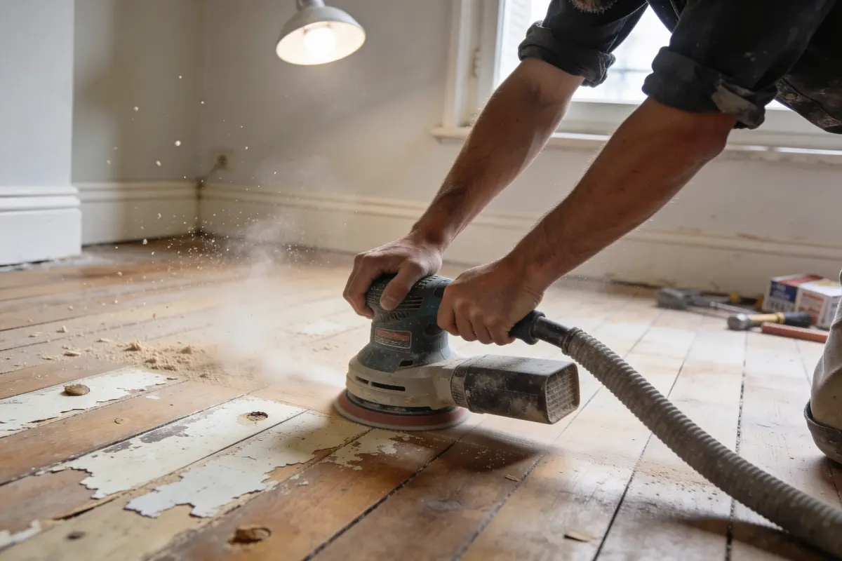 Homme ponçant un plancher en bois dans une pièce, générant poussière; outils visibles en arrière-plan.
