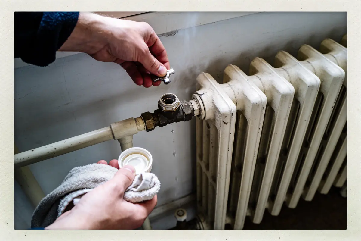 Mains purgeant air d'un radiateur à eau avec une clé et un chiffon.