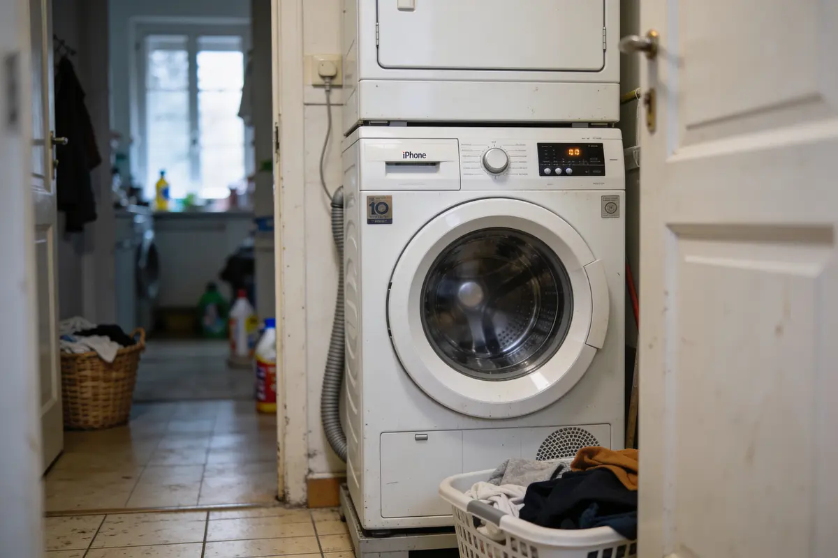 Machine à laver dans buanderie, linge dans panier, produits ménagers en arrière-plan, cuisine floue visible.