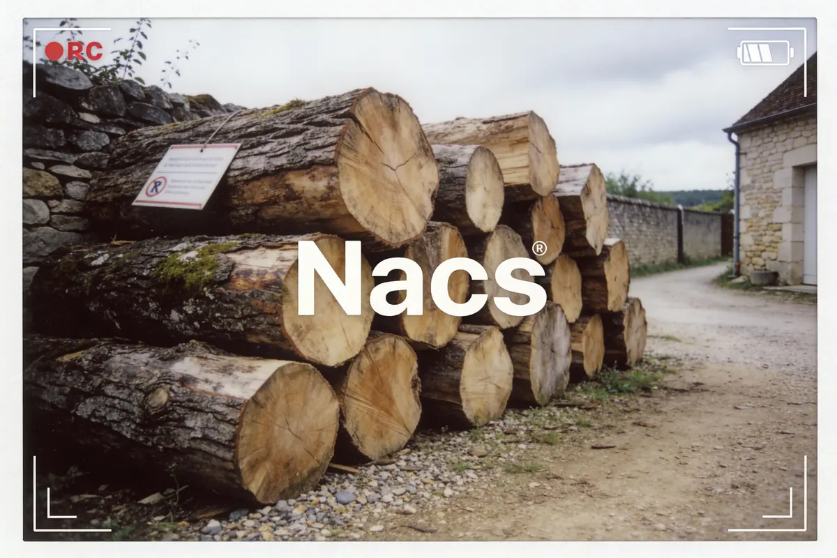 Grumes empilées près d'un chemin de campagne, avec un panneau d'interdiction et le texte "Nacs".