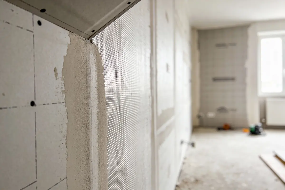 Mur intérieur en construction avec plaques de plâtre et béton, pièce lumineuse partiellement meublée, fenêtre visible.