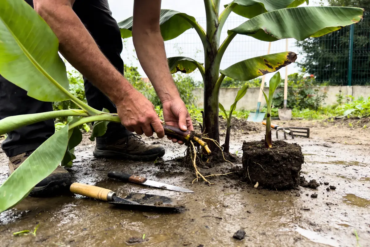 Personne cultivant des bananiers dans un jardin, utilisant des outils de jardinage sur un sol humide.