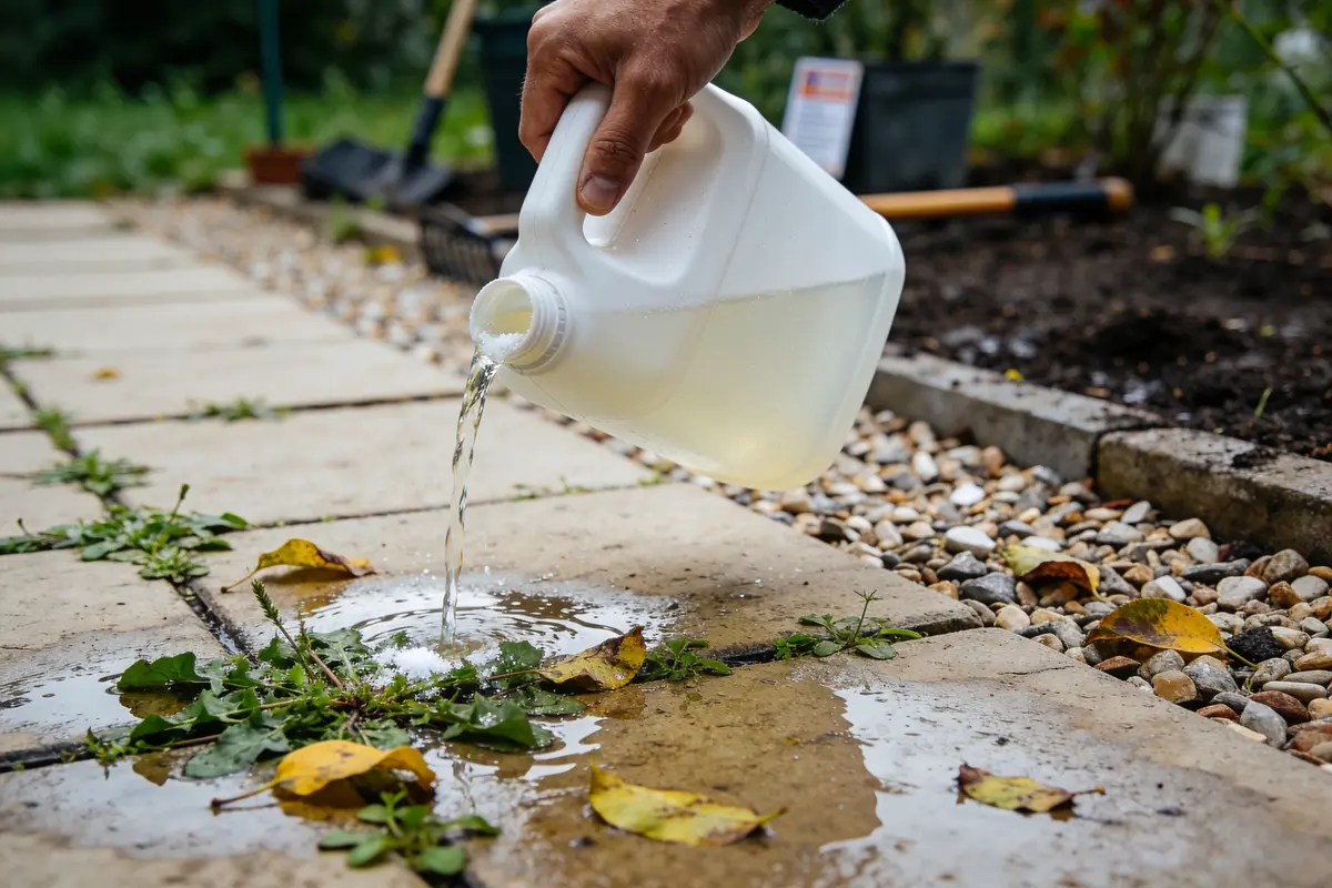 Main versant liquide sur mauvaises herbes entre dalles, jardin avec outils en arrière-plan.