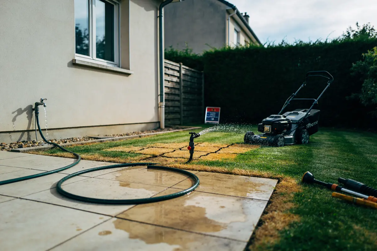 Tondeuse sur pelouse, tuyau d'arrosage en action près d'une maison, sol carrelé humide.