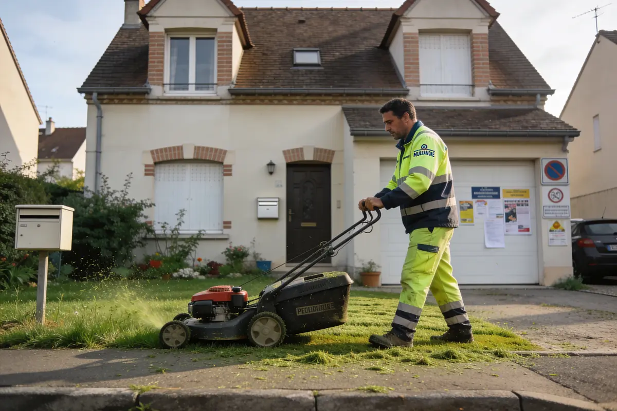 Homme en uniforme tond la pelouse devant une maison avec une tondeuse à gazon.