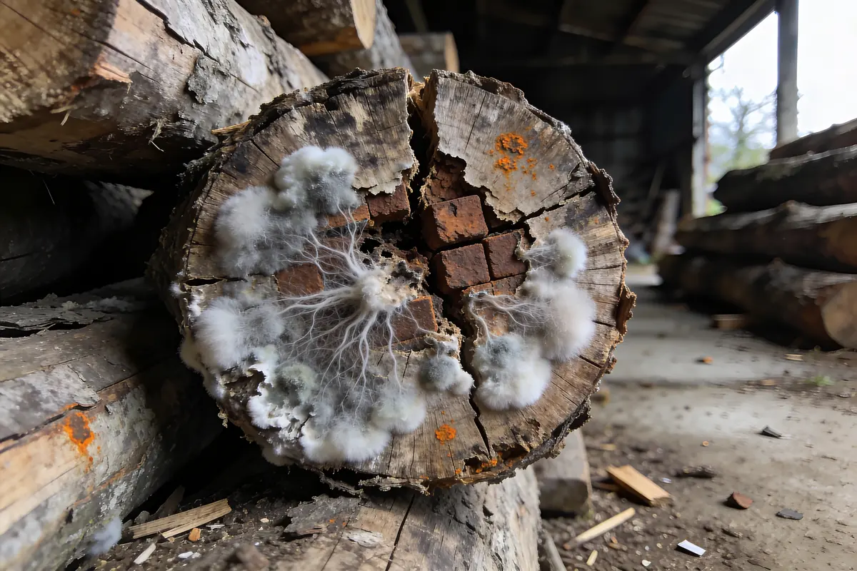 Gros plan sur une bûche avec moisissure blanche et orange, dans un environnement boisé.