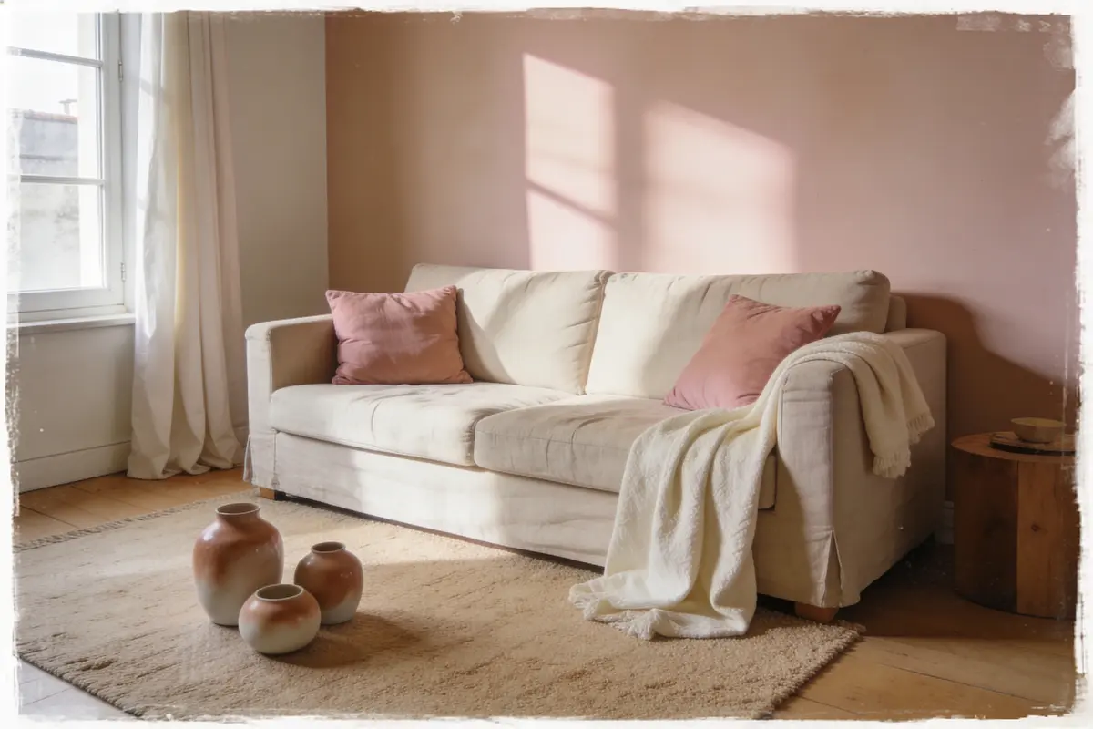 Canapé crème avec oreillers roses, plaid blanc. Table en bois, vases décoratifs sur tapis beige, mur rose pâle.