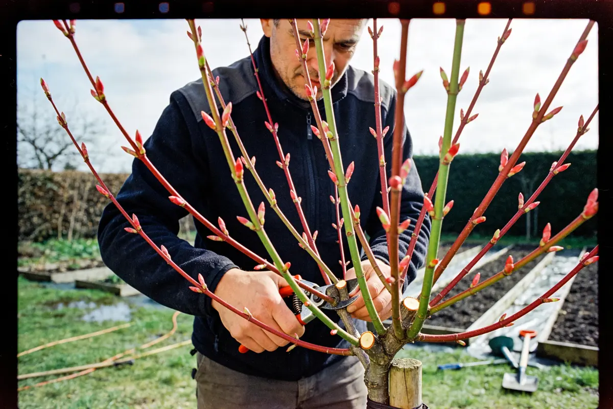 Un homme taille un jeune arbre avec un sécateur dans un jardin ensoleillé.