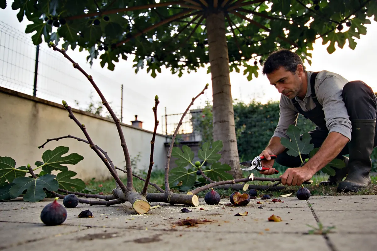 Homme taillant des branches de figuier, figues sur le sol, jardin clôturé en arrière-plan.