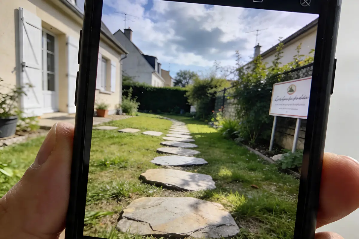Chemin de pierres dans un jardin ensoleillé, vue à travers un smartphone. Maison blanche en arrière-plan.