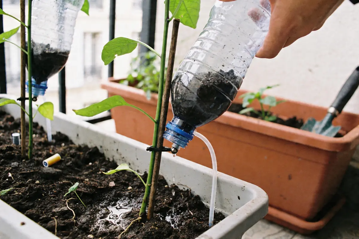 Main arrosant plante en pot avec bouteille plastique modifiée contenant de l'eau, sol humide, balcon arrière-plan.