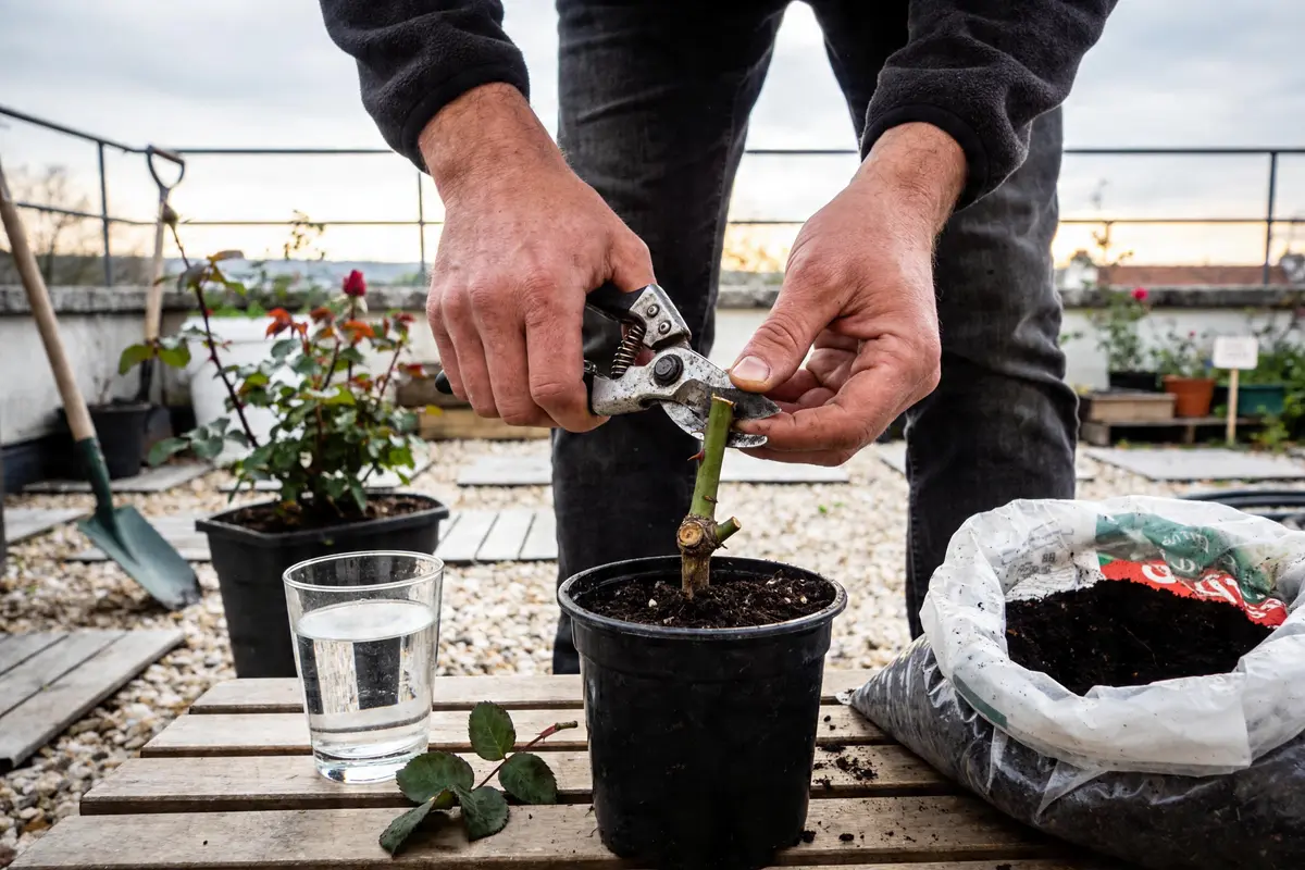 Personne taillant un rosier en pot avec sécateur sur terrasse avec verre d'eau, pelle et terreau.