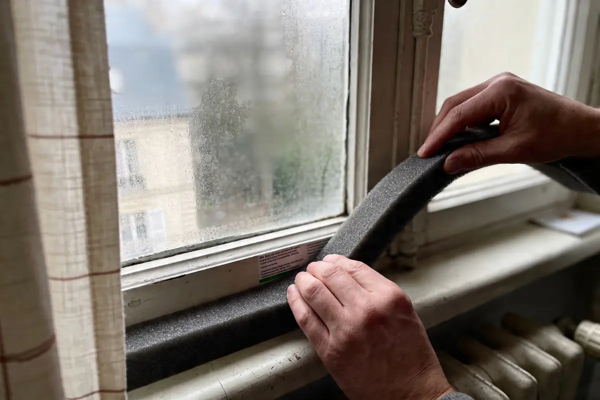 Mains installant un joint isolant sur une fenêtre pour réduire les courants d'air.