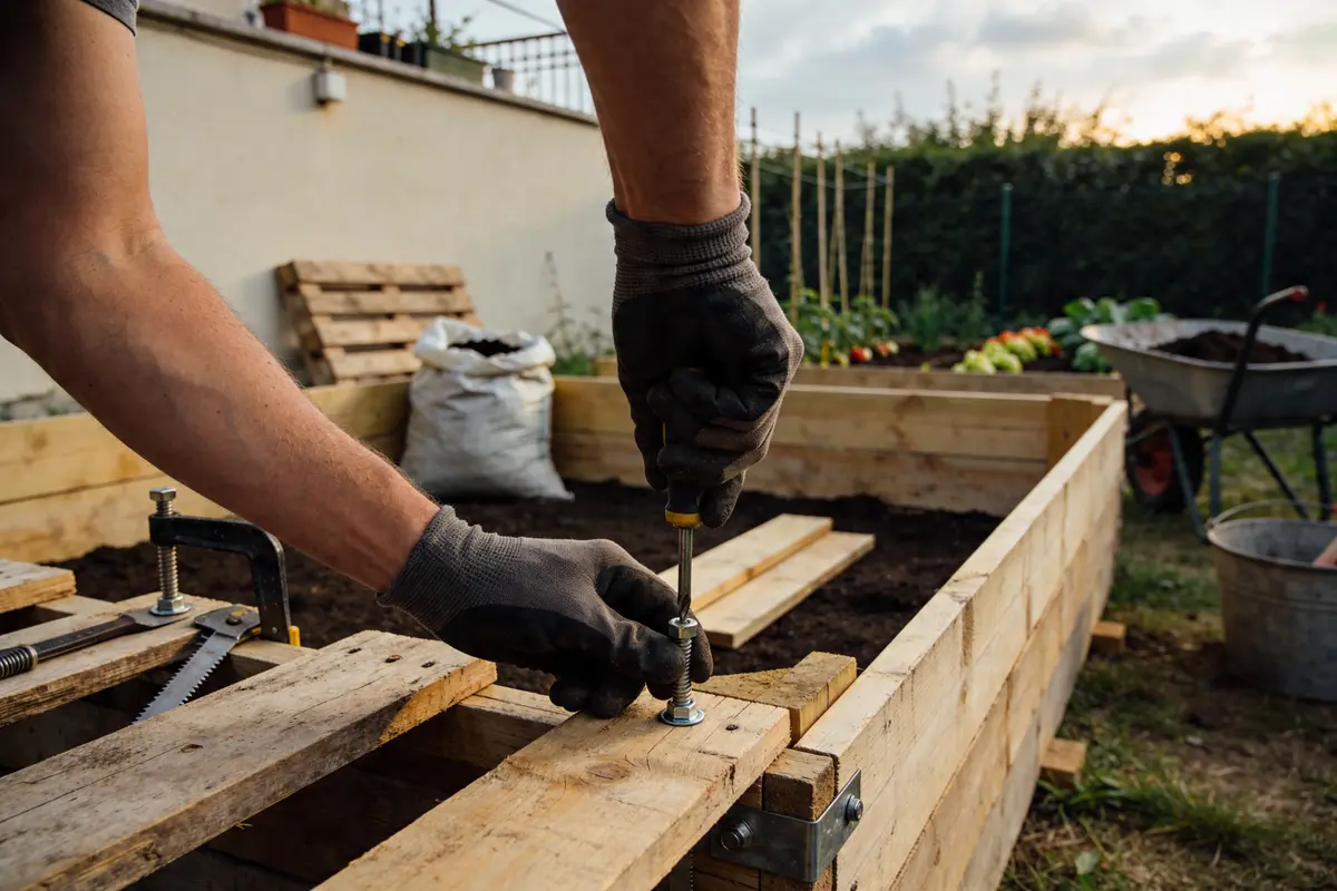 Personne construisant une jardinière en bois, utilisant des outils dans un jardin avec des plantes en arrière-plan.