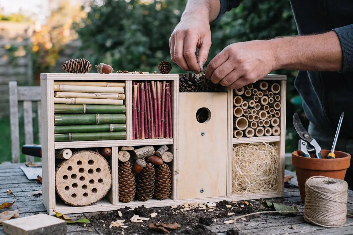 Personne construisant un hôtel à insectes en bois, matériaux naturels, outils sur une table de jardin.