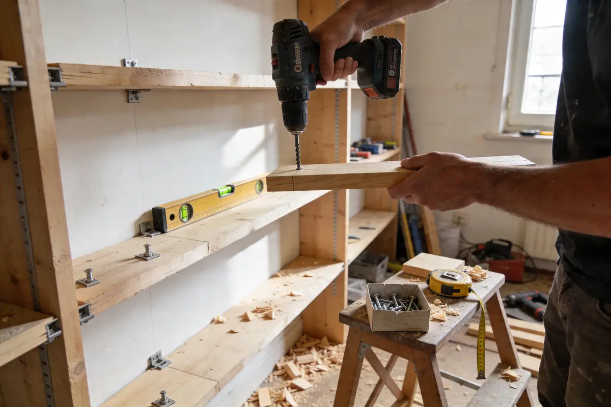 Homme utilisant une perceuse pour construire une étagère en bois, avec outils et matériel à proximité.