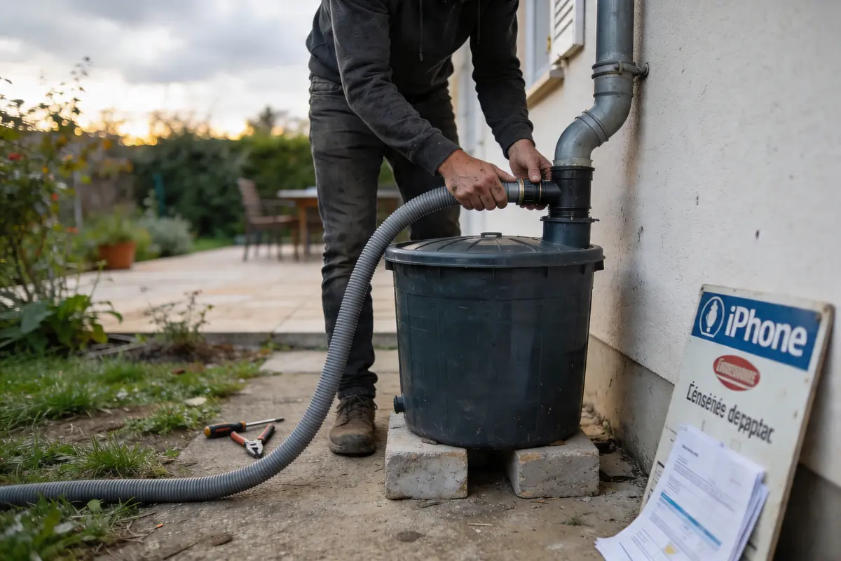 Une personne connecte un tuyau à un réservoir extérieur, avec outils et documents à proximité.