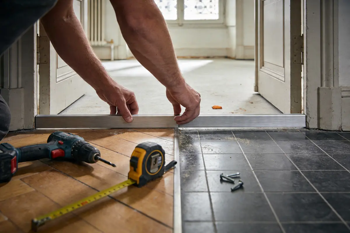 Installation d’un seuil de porte avec perceuse, mètre ruban et vis, sol en bois et carrelage.