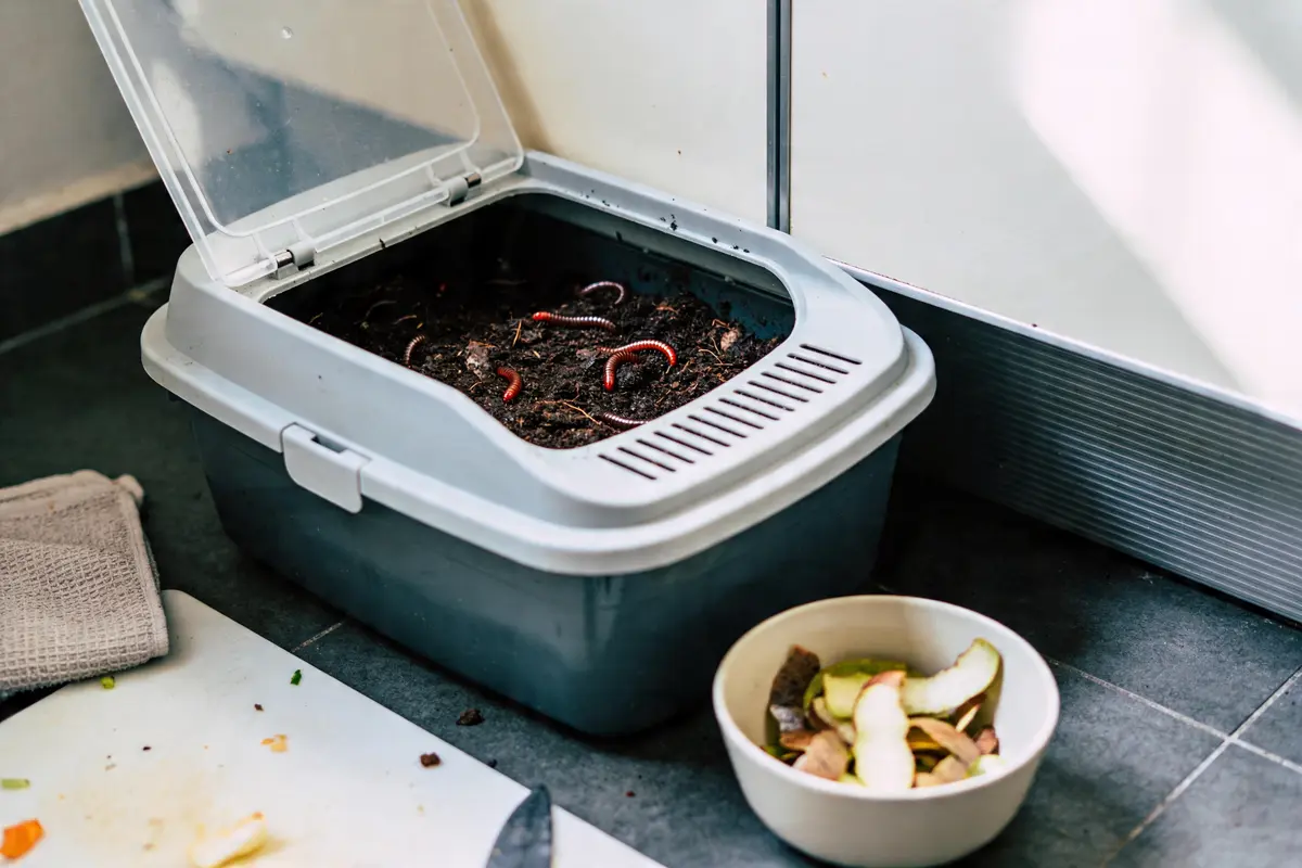 Bac de compostage avec vers, déchets de cuisine en bol, planche à découper, intérieur cuisine.