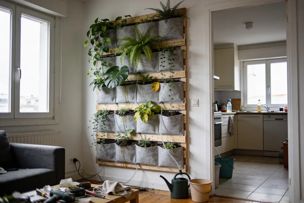 Jardin vertical intérieur sur un mur, plantes vertes, salon avec canapé gris, vue cuisine en arrière-plan.
