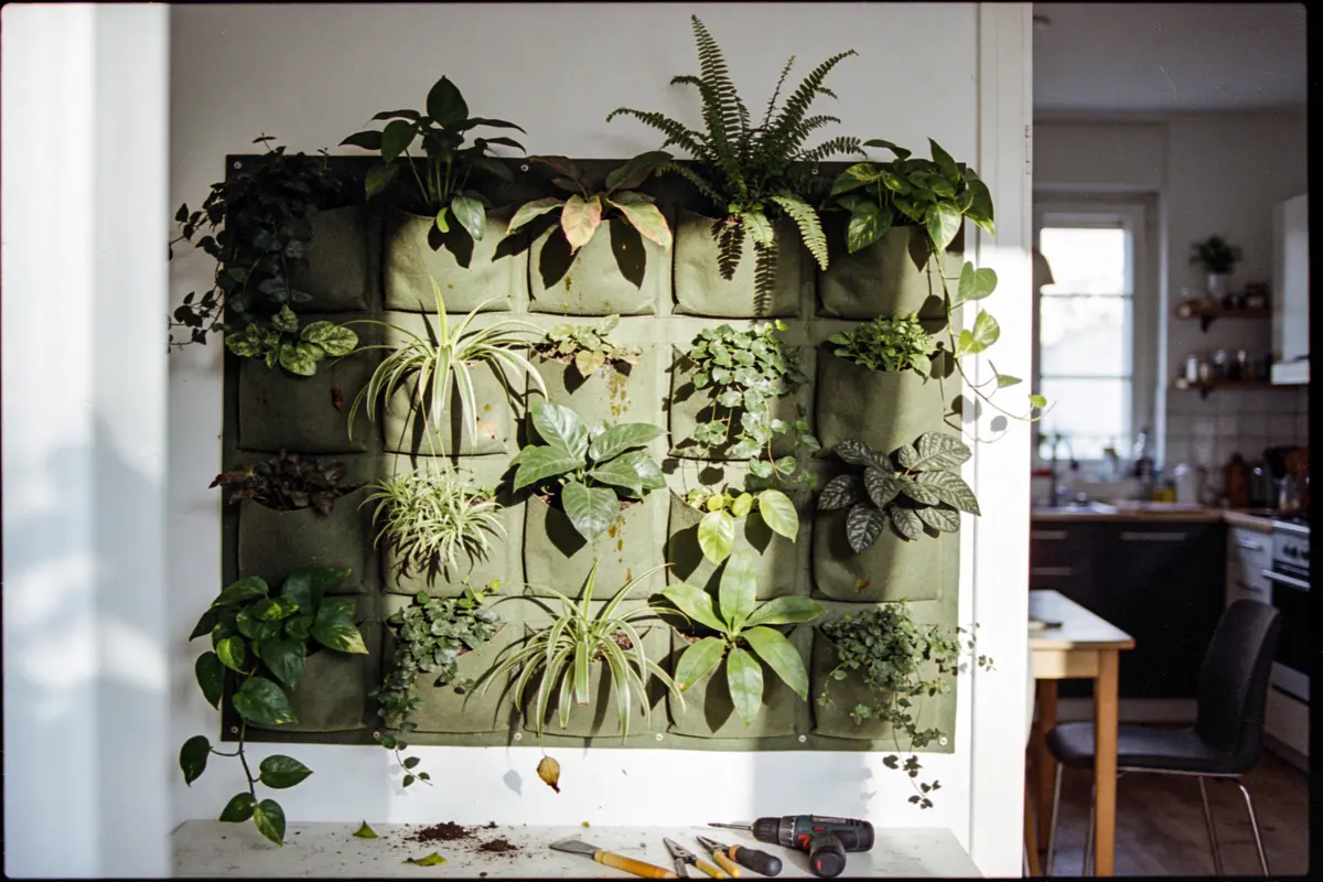 Mur végétal intérieur avec plantes suspendues, poches vertes, outils de jardinage, perceuse, cuisine en arrière-plan.