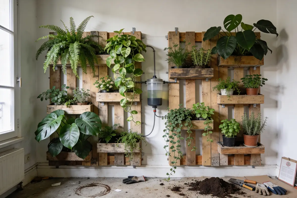 Mur végétalisé intérieur avec palettes en bois, plantes variées en pots. Outils de jardinage et terre au sol.