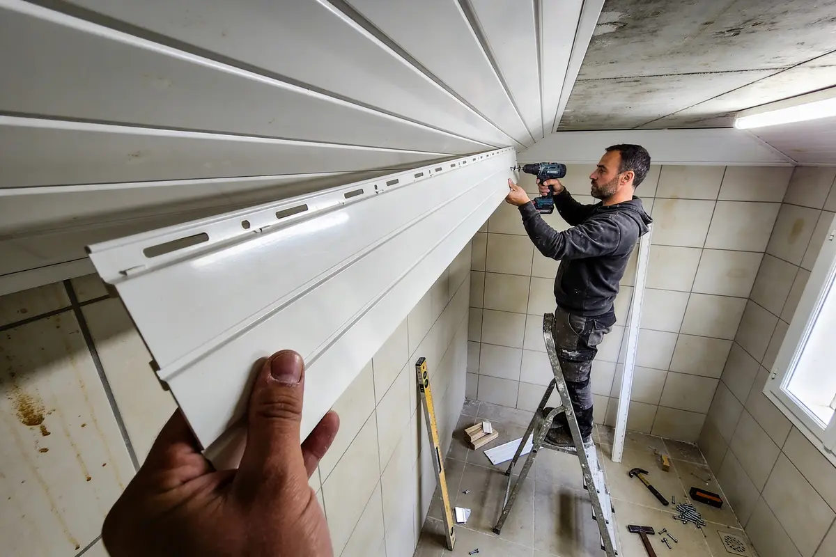 Un homme installe des panneaux PVC blancs au plafond, utilisant une perceuse sur un escabeau.