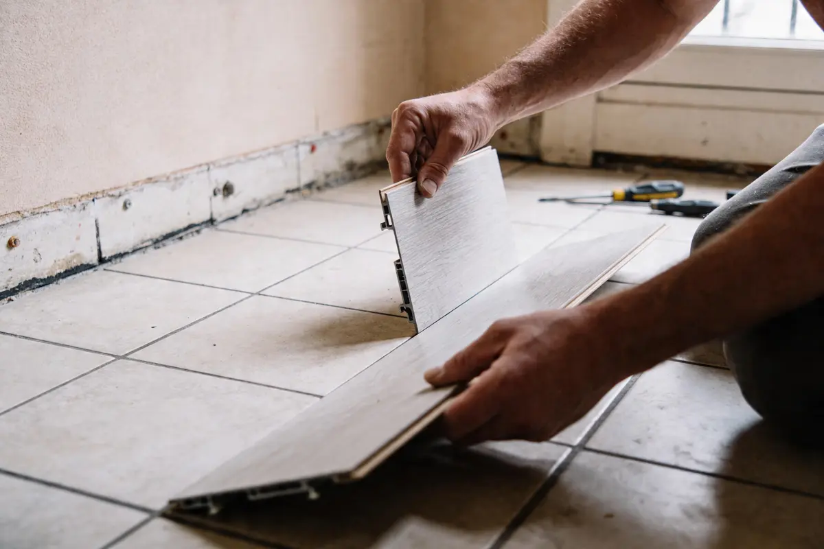 Pose de parquet sur carrelage dans une pièce, mains tenant planche en bois, outils en arrière-plan.