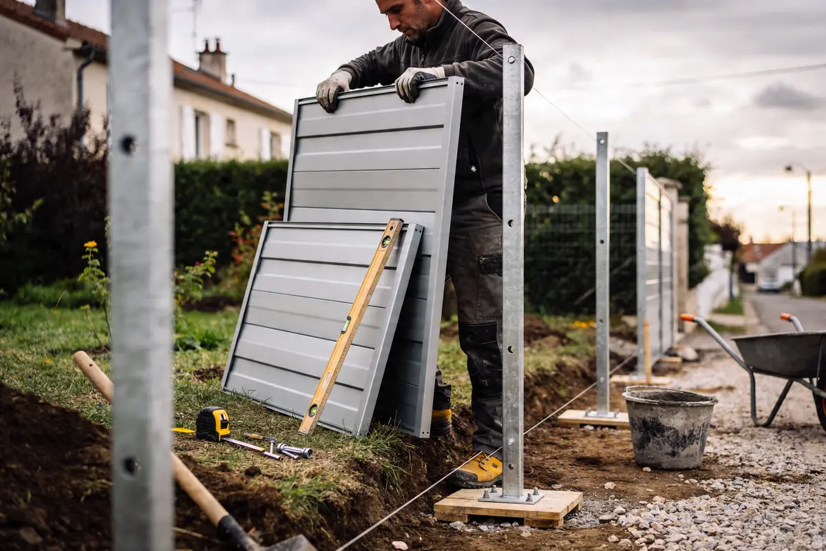 Homme installant une clôture métallique avec outils, niveau à bulle, seau, brouette et maisons à l'arrière-plan.