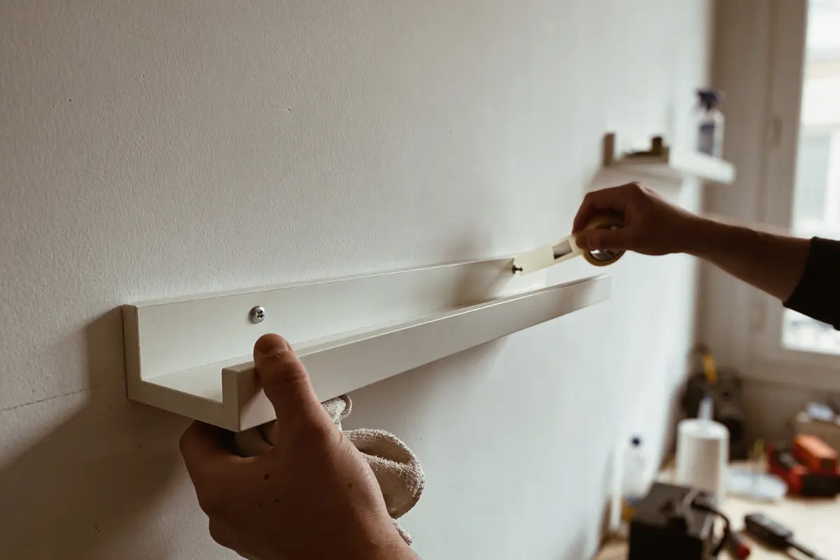 Personne mesurant avec un ruban adhésif pour installer une étagère murale blanche.