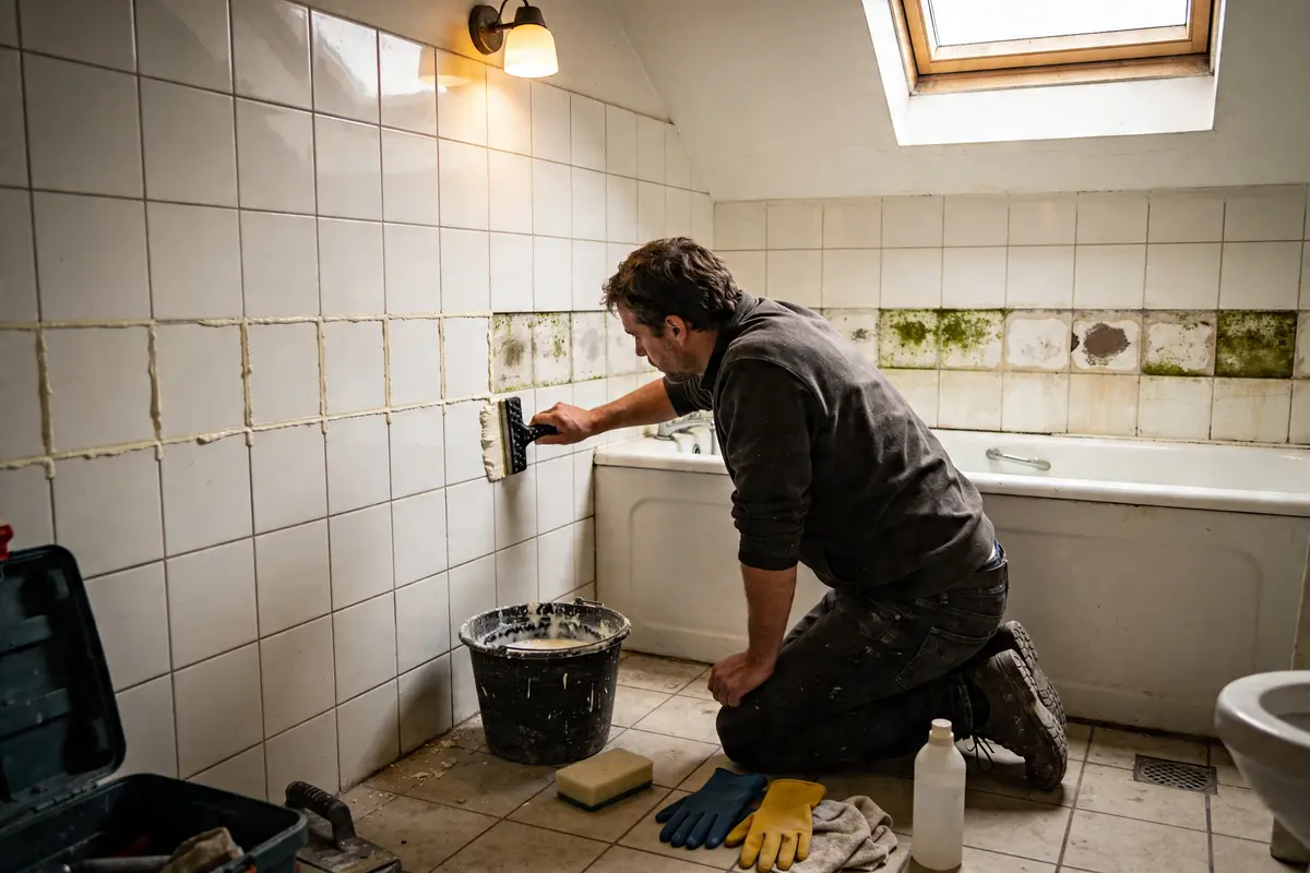 Homme rénovant une salle de bain, appliquant du joint sur carrelage mural avec outil. Moisissure visible.