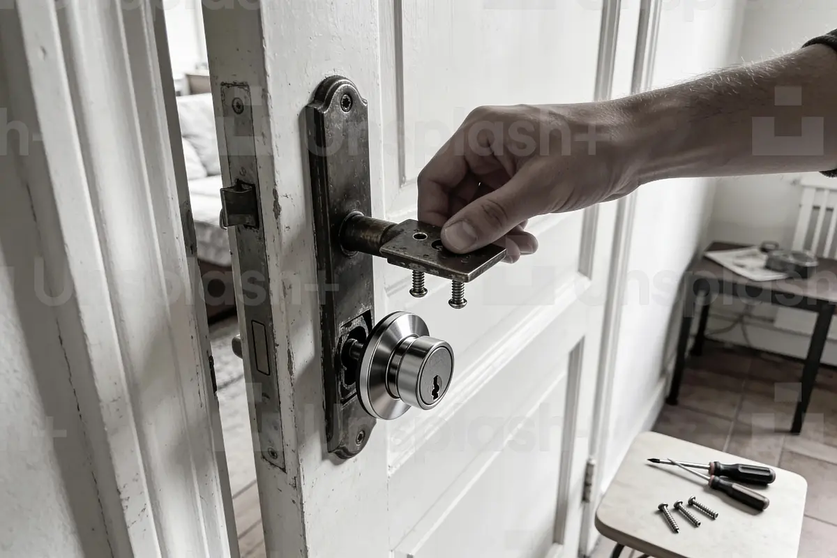 Main réparant serrure de porte blanche avec tournevis et vis sur tabouret.