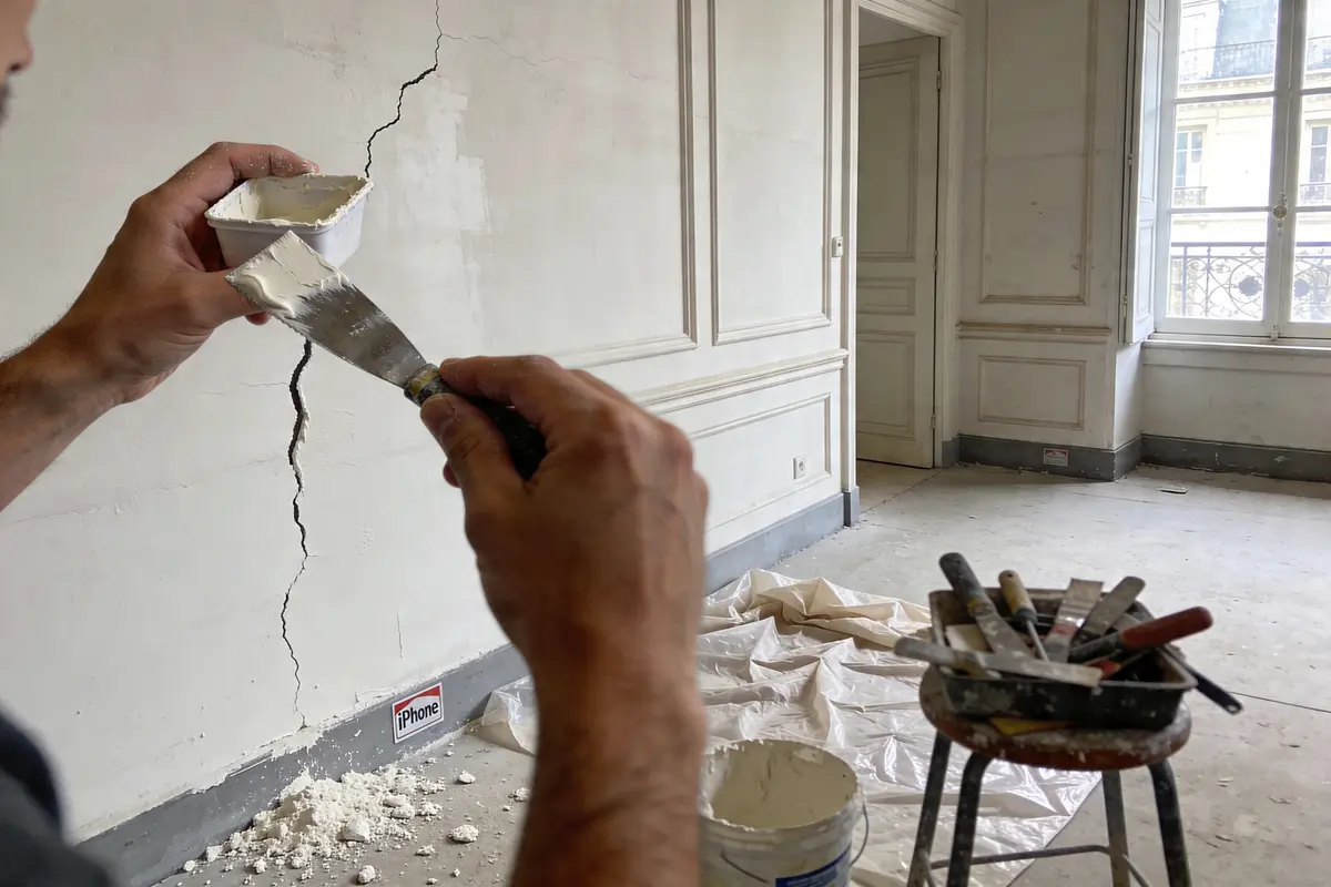 Une personne répare une fissure dans un mur intérieur avec de l'enduit et un couteau à enduire.