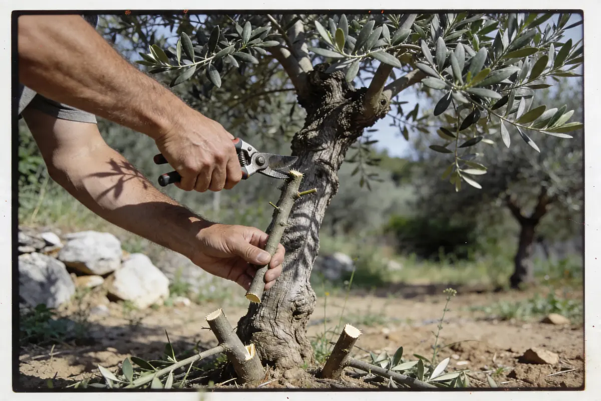 Personne élaguant un olivier avec un sécateur dans un champ ensoleillé.